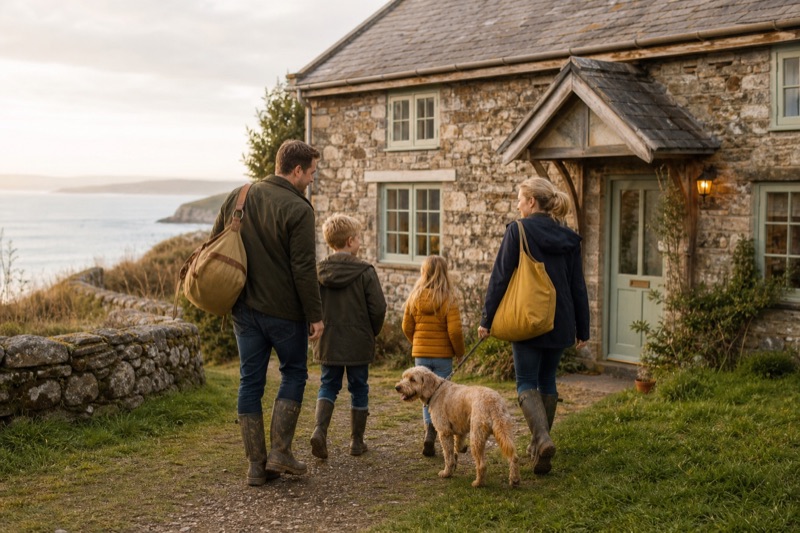 A family arriving at a dog-friendly cottage on the UK coast