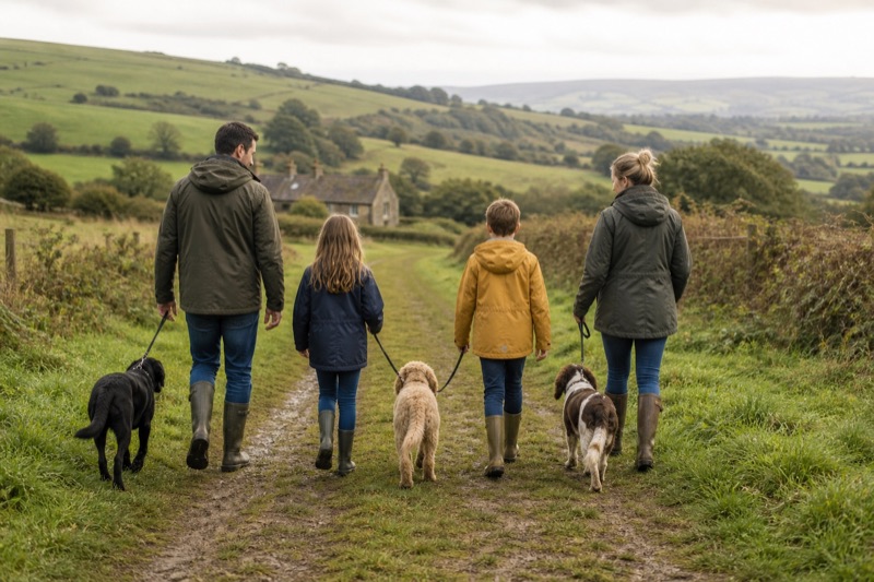 A family walking their dog near a holiday cottage